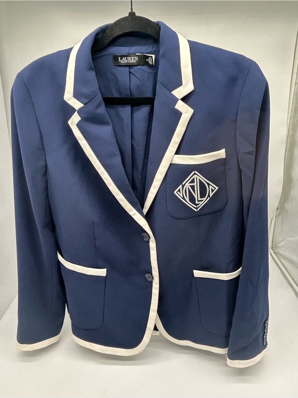 Vintage Lauren Ralph Lauren Navy Blazer with White Piping and Monogram
